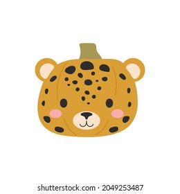 Happy Halloween cute cartoon pumpkin with jaguar face. Halloween party decor for children. Childish print for cards, stickers, invitation, nursery decoration. Vector illustration.