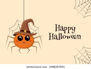 Happy Halloween. Cute cartoon Halloween spider in a witch hat with a web. Vector illustration