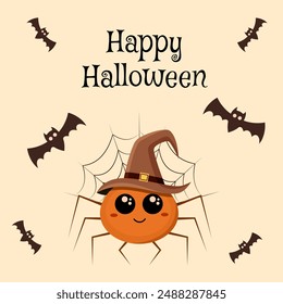 Happy Halloween. Cute cartoon Halloween spider in a witch hat with a web. Vector illustration