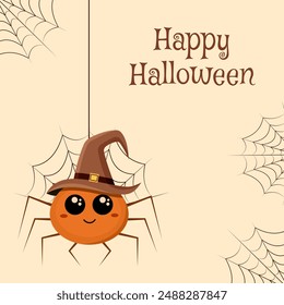 Happy Halloween. Cute cartoon Halloween spider in a witch hat with a web. Vector illustration