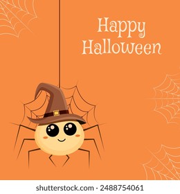 Happy Halloween. Cute cartoon spider wearing a witch hat and web. Greeting card, poster, banner. Vector illustration.