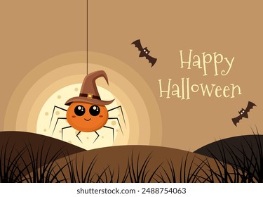 Happy Halloween. Cute cartoon spider wearing a witch hat and a full moon night. Greeting card, poster, banner. Vector illustration.
