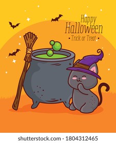happy halloween, cute cat with cauldron and hat witch vector illustration design
