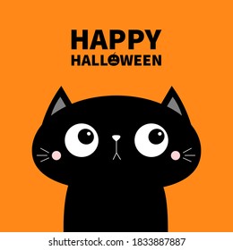 Happy Halloween. Cute cat face head icon. Cartoon character. Kawaii baby animal. Notebook cover, tshirt, greeting card, sticker print. Flat design. Orange background. Isolated. Vector illustration