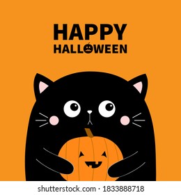 Happy Halloween. Cute cat face head holding pumpkin. Cartoon character. Kawaii baby animal. Boo. Notebook cover, tshirt, greeting card, sticker print. Flat design. Orange background. Isolated. Vector