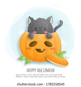 Happy Halloween with cute cat and pumpkin. 