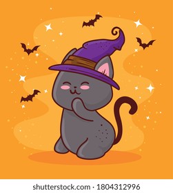 happy halloween, with cute cat using hat witch and bats flying vector illustration design