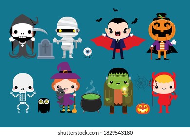 Happy Halloween. Halloween cute character monster set. Halloween Party costume kids. Vector illustration
