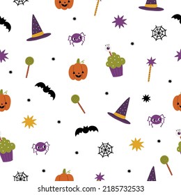 Happy Halloween cute characters pumpkins, spider, ghost, costumes, spider, sweets. Vector print with cartoon Halloween seamless pattern