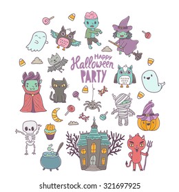 Happy Halloween cute characters - vampire, zombie, dracula, pumpkin, witch, ghost, bat, devil, mummy, skeleton, owl and black cat