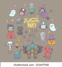 Happy Halloween cute characters - vampire, zombie, dracula, pumpkin, witch, ghost, bat, devil, mummy, skeleton, owl and black cat