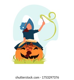 Happy Halloween. Cute cheerful little witch with a magic wand and book of spells. Beautiful child girl in witch costume sitting on the big pumpkin. - Vector