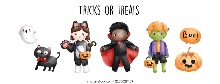 Happy Halloween with cute children in halloween costume. Vector illustration