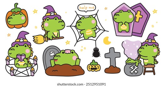 Feliz halloween.Set de crocodilo bonito em vários poses halloween festival.Spider,abóbora,magia,veneno,vassoura,mão caixão desenhada.Witch.Zombies.Moon.Night.Animal cartoon.Kawaii.Vetor.Illustration.