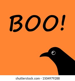 Happy Halloween. Cute crow. Vector illustration, greeting card. Black and orange colors. raven