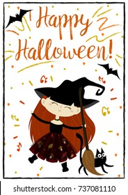 Happy Halloween With Cute Dancing Witch And Black Cat