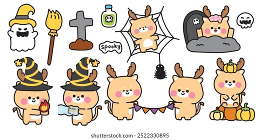 Happy halloween.Set of cute deer in various poses halloween festival.Broom,spider,pumpkin,poison hand drawn.Witch.Zombies.Night.Animal cartoon.Kawaii.Vector.Illustration.