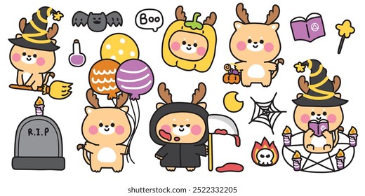 Happy halloween.Set of cute deer in various poses halloween festival.Balloon,broom,bat,pumpkin hand drawn.Witch.Devil.Moon.Night.Animal cartoon.Kawaii.Vector.Illustration.