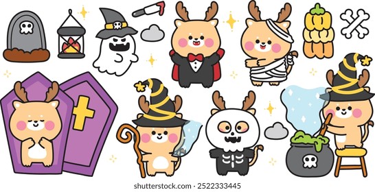 Happy halloween.Set of cute deer in various poses halloween festival.Grave,coffin,poison,pumpkin hand drawn.Witch.Dracula.Night.Animal cartoon.Kawaii.Vector.Illustration.