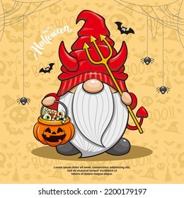 Happy Halloween With Cute Devil Gnome On Seamless Background, Cute Cartoon Illustration