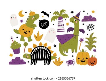 Feliz Halloween lindos Dinosaurios, calabazas, araña, fantasma, disfraces, araña, dulces. Huella vectorial con el disfraz de Dino Halloween