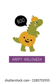 Happy Halloween cute Dinosaurs, pumpkins, spider, ghost, costumes, spider, sweets. Vector print with cartoon Dino Halloween costume