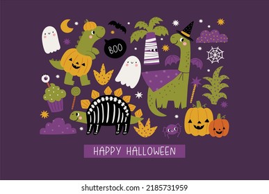 Happy Halloween cute Dinosaurs, pumpkins, spider, ghost, costumes, spider, sweets. Vector print with cartoon Dino Halloween costume