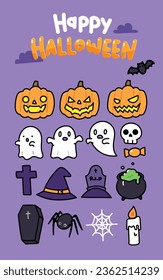 Happy Halloween cute doodle vector illustration set with pumpkin jack o'lantern ghost skull halloween candy witch grave spider bat dracula