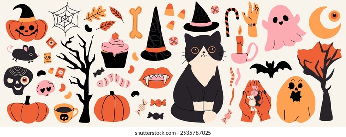 Happy Halloween cute elements pattern set. Cartoon ghost pumpkin bats and hat in flat style. Halloween clipart. Vector illustration.