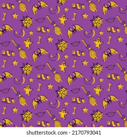 happy halloween cute elements yellow purple seamless pattern background