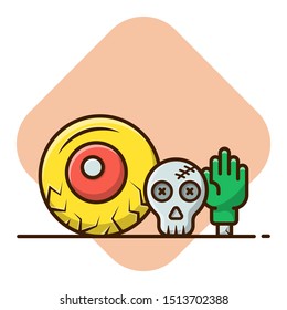 Happy Halloween. Cute Eye Monster, Skull, Zombie Hand. Set Doodle of Halloween Party. Cartoon Halloween. Flat Cartoon Style Suitable for Sticker, Wallpaper, etc.