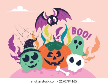 happy Halloween cute flat elements illustrations. greeting, party invitation elements