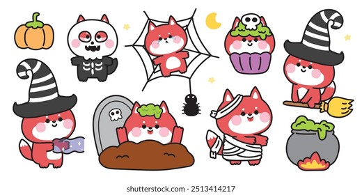 Feliz halloween.Set de raposa fofa em vários poses halloween festival.Cupcake,aranha,abóbora,mágica,veneno,vassoura mão desenhada.Bruxa.Zumbis.Lua.Noite.Animal cartoon.Kawaii.Vetor.Ilustração.