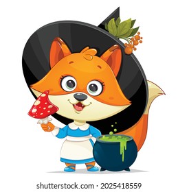 Happy Halloween. Cute foxy witch. Funny witch fox with Fly agaric and cauldron with potion