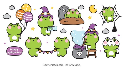 Feliz halloween.Set de sapo bonito em vários poses halloween festival.Witch.Zombies.Ghost.Moon,star,spider,veneno,mão de balão desenhado.Night.Animal cartoon.Kawaii.Vetor.Illustration.