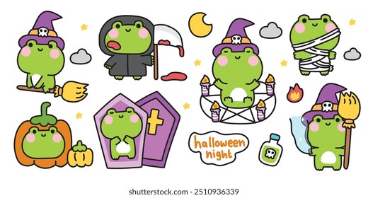 Feliz halloween. Conjunto de rana linda en varias poses festival de halloween. Calabazas, luna, estrella, veneno, mano mágica dibujada. Bruja. Zombies. Fantasma. Noche. Animales de dibujos animados. Kawaii. Vector. Ilustración.