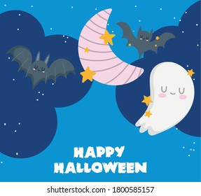 happy halloween, cute ghost bats moon sky stars night trick or treat party celebration vector illustration