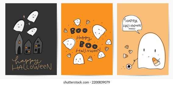 Happy Halloween cute ghost card set with greeting messages, boo text and simple cartoon style graphic on black and orange background. Hand drawn clipart for October 31st autumn holiday party.