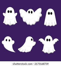 Happy Halloween, cute ghost cartoon icon set, scary spooky white ghosts character. Autumn holiday icon, vector illustration graphics on purple background.