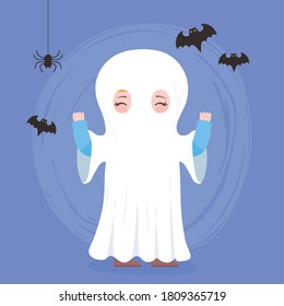 happy halloween, cute ghost costume character and bats trick or treat, party celebration vector illustration
