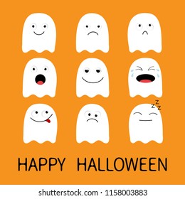 Happy Halloween. Cute ghost. Emoji icon set. Emoticons. Funny kawaii cartoon characters. Emotion collection. Happy, surprised, smiling crying sad angry face head. Flat design Orange background Vector