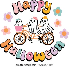 Happy Halloween cute ghost family biking vector illustration.