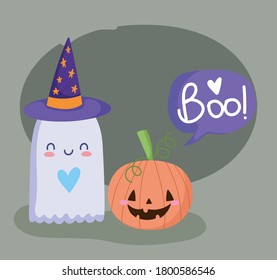 happy halloween, cute ghost with hat and pumpkin trick or treat party celebration vector illustration