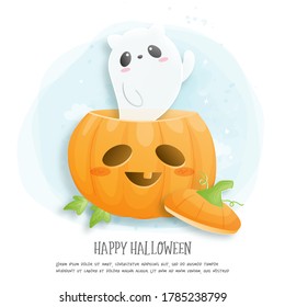 Happy Halloween with cute ghost and pumpkin. 