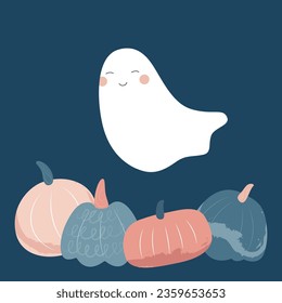 Happy Halloween. Cute ghost with pumpkins. Template for postcard, banner, poster, textile. Vector illustration in modern flat style.