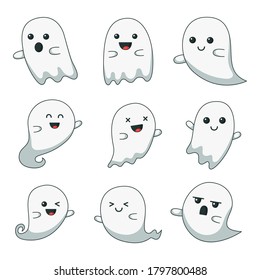 happy halloween cute ghost scary with different faces isolated on white background. vector illustration.