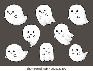 happy halloween cute ghost scary with different faces isolated on gray background. vector illustration.