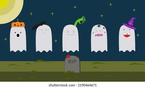 Happy Halloween cute ghosts making different faces such as confused, crying, happy and shocked. Can be used as greetings card, for website and other.