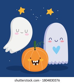 happy halloween, cute ghosts and pumpkin trick or treat party celebration vector illustration