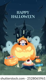 Happy Halloween cute girl lying on pumpkin and lots of candies
